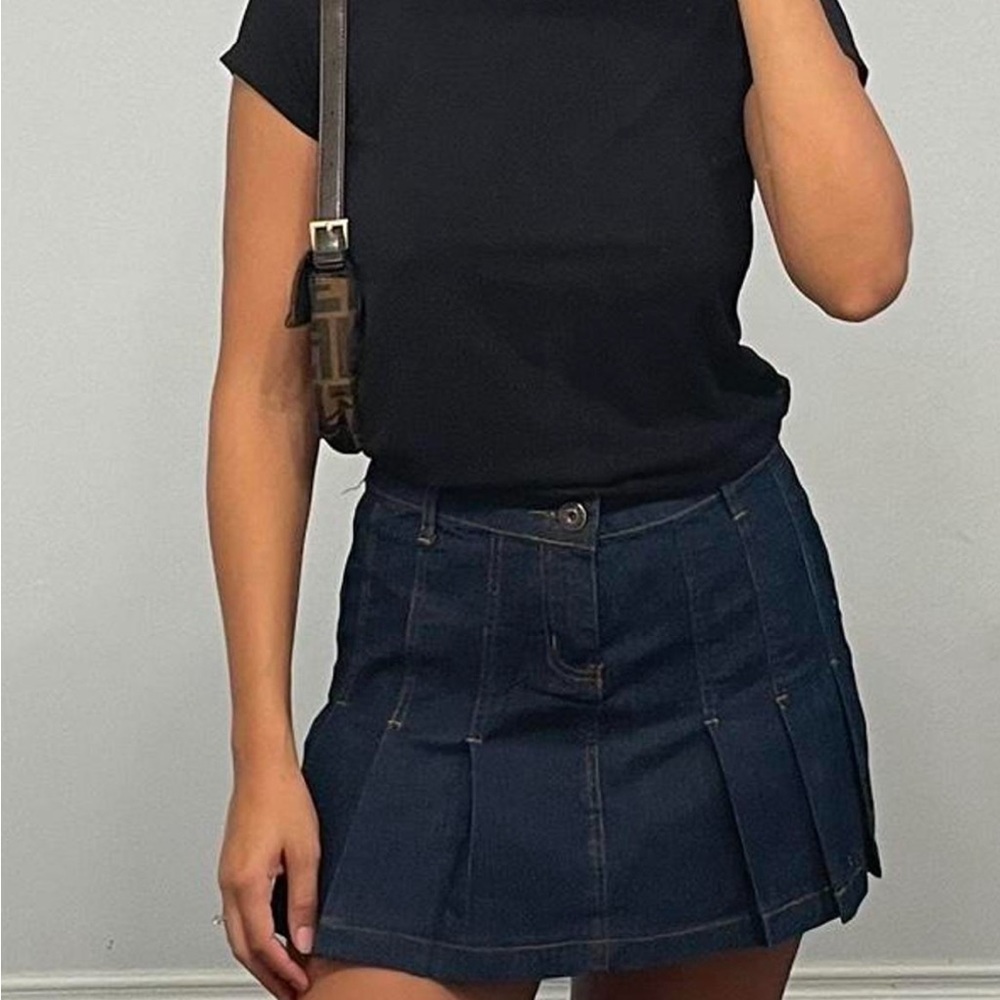 Dark denim pleated mini skirt